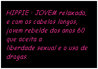Caixa de texto: HIPPIE : JOVEM relaxado,
e com os cabelos longos, jovem rebelde dos anos 60 que aceita a 
liberdade sexual e o uso de drogas. 
